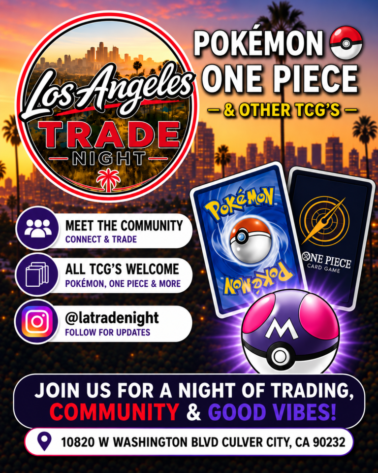 Los Angeles Trade Night promotional artwork for Pokémon, One Piece and other trading card games.